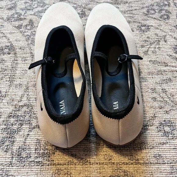 Women's Beige Almond Toe Vivaia Mary Jane Flats with Black Trim - Picture 3 of 4